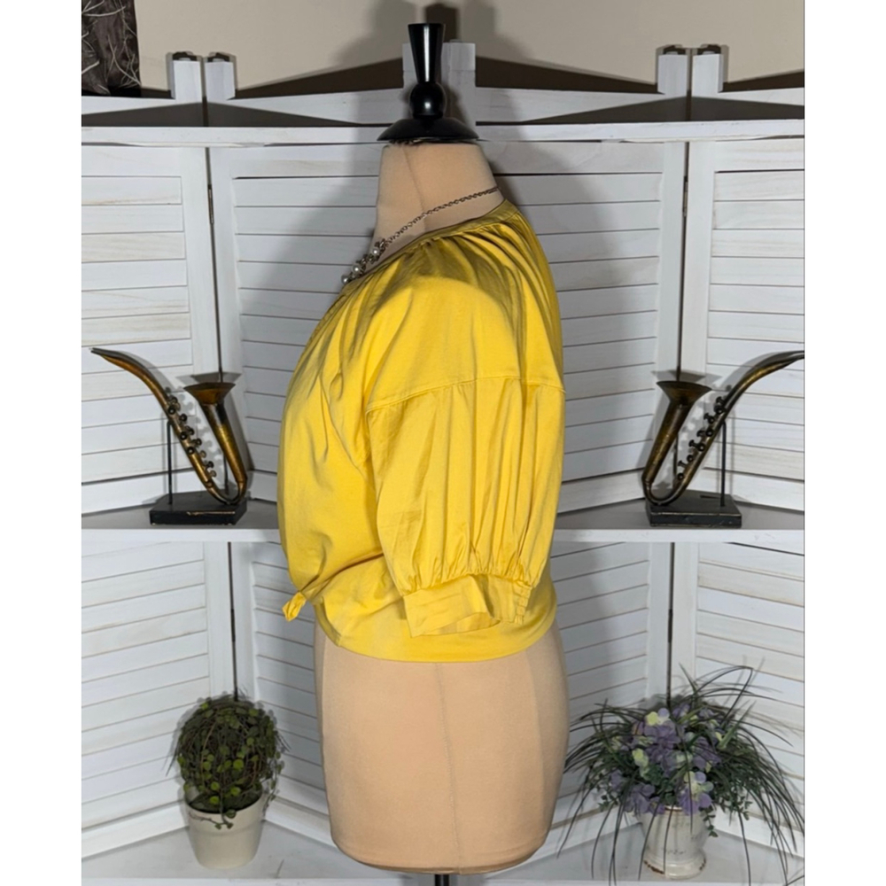 Chico's yellow puffed sleeves top tie knot front waist length blouse sz XL - Picture 3 of 10